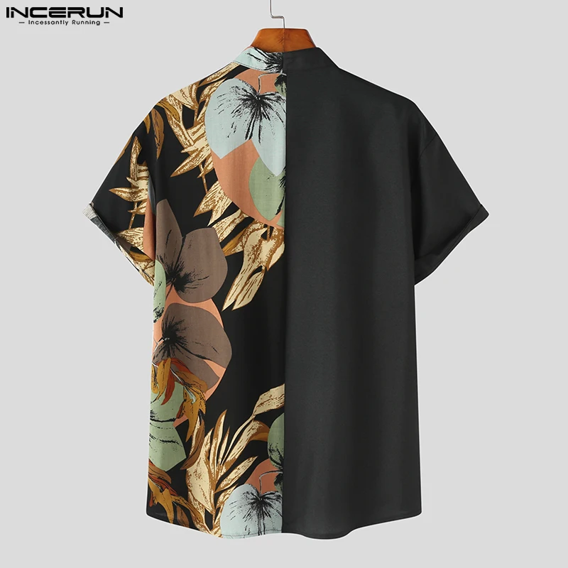 INCERUN Tops 2024 Korean Style New Men Simple Two Color Patchwork Blouse Casual Plant Pattern Printed Short Sleeved Shirts S-5XL