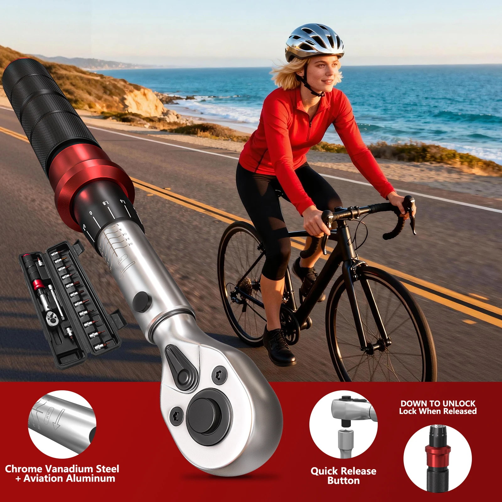 MoveCrab Professional 15Pcs 1/4 Inch Dual Direction Bicycle Torque Wrench Set 2-20N.m Mechanical Kit for Precision Bike Repair