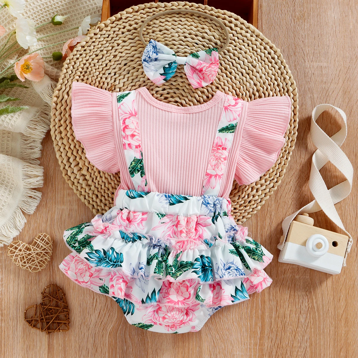 PatPat 2pcs Baby Girl 95% Cotton Ribbed Ruffle-sleeve Faux-two Floral Print Layered Romper with Headband Set