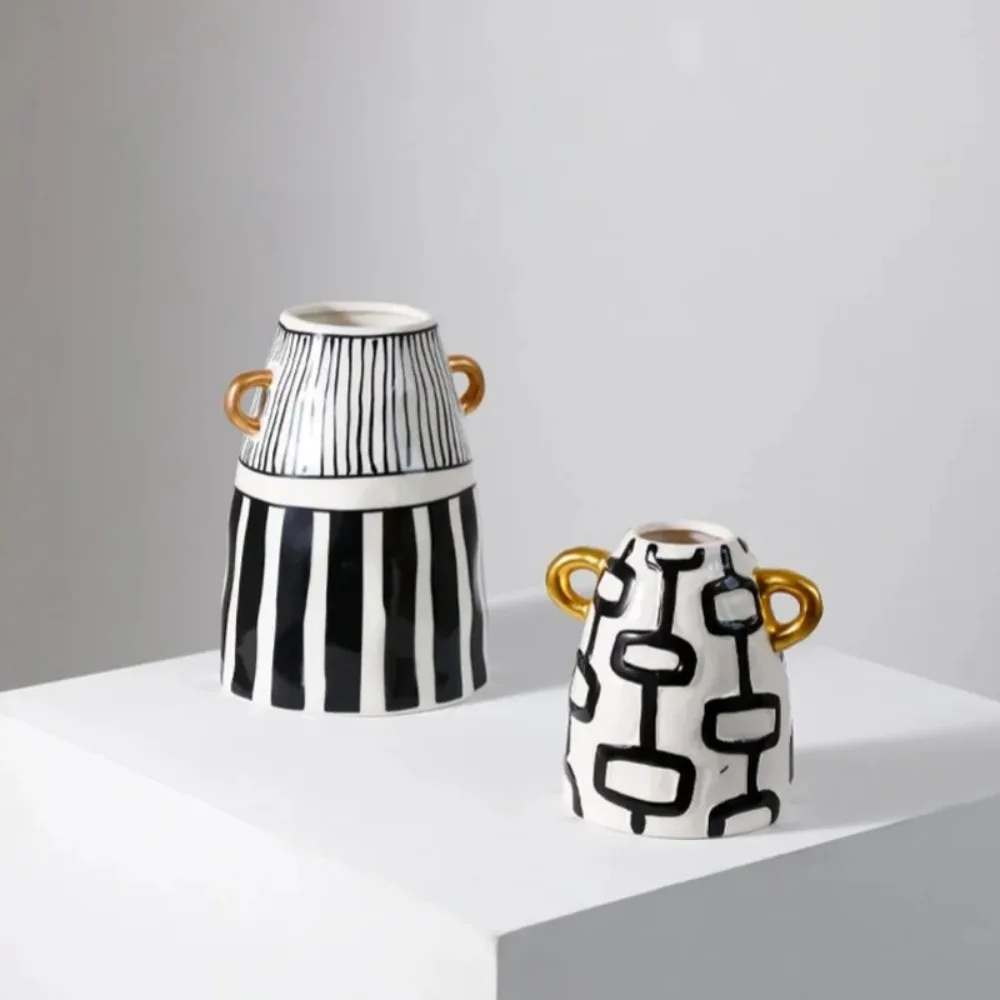 Abstract Striped Black and White Vase Desk Ornament Living Room Flower Arrangement Double-handle Ceramic Floral Vase Decoration