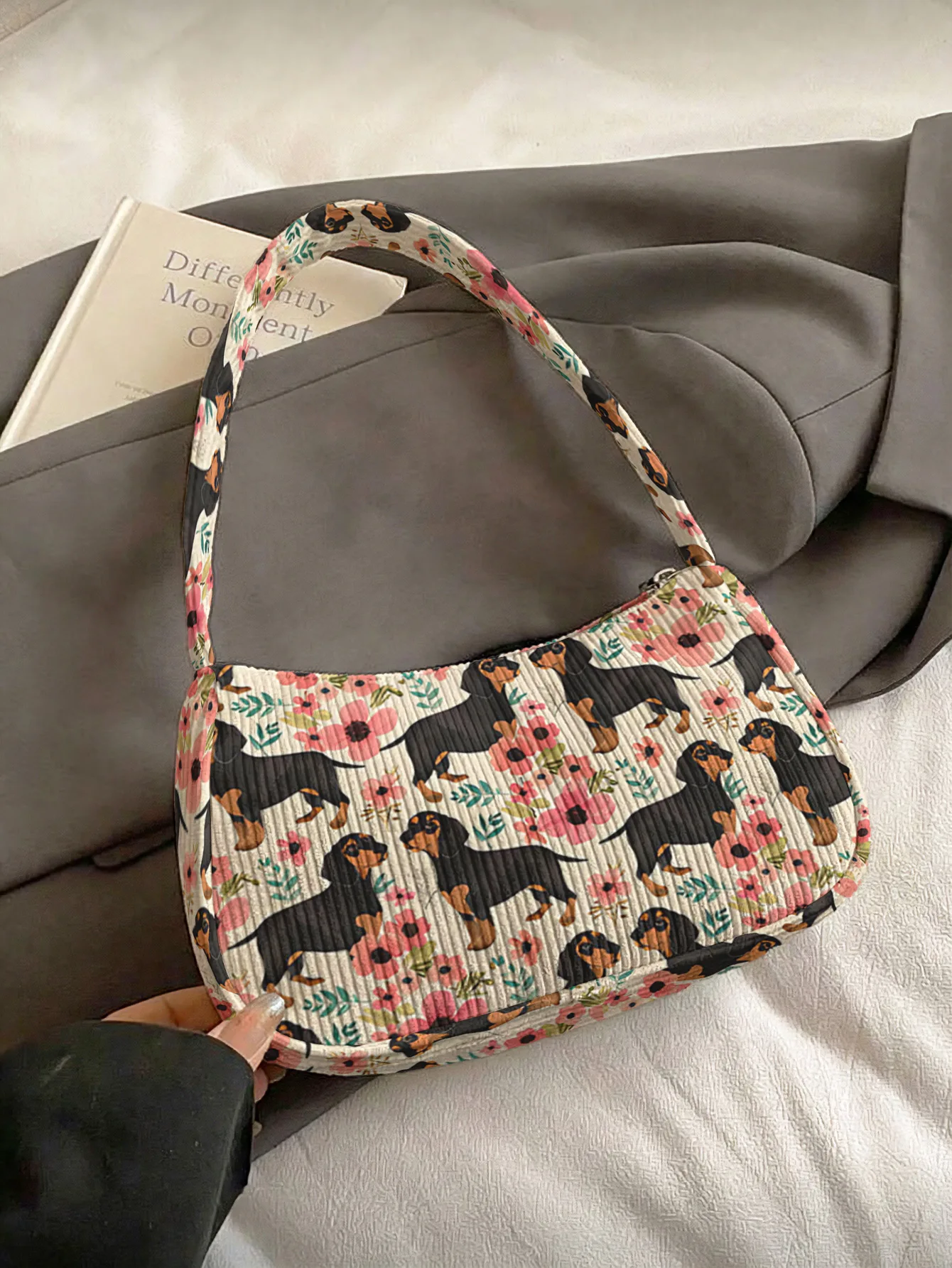 Trendy Playful Dachshund & Floral Print Shoulder Bag, Cute Beige Corduroy Underarm Bag