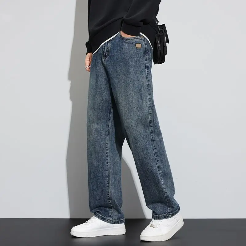 

Свободные прямые осенне-зимние джинсы, корейская мода, простые универсальные брюки в стиле ретро, индивидуальные широкие джинсовые брюки, мужские
