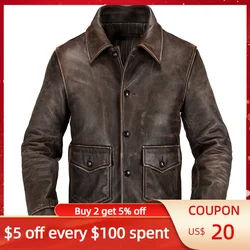 Vintage Brown American Casual Style Genuine Leather Jacket Men Plus Size 4XL Real Natural Cowhide Spring Slim Coat 90kg Wear