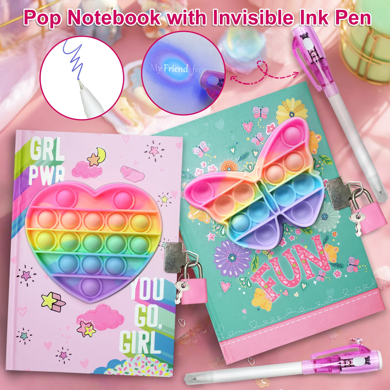 Journal Pop Girls avec serrure, 7.5x5.4 pouces, 160 Pages lignées, Journal pour enfants, carnet Secret, ensemble de stylos, cadeaux pour l'écriture