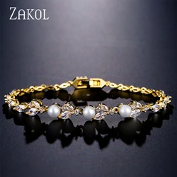 ZAKOL Exquisite Marquise Zircon Leaves Pearl Bracelet For Women High Quality Luxury Wedding Jewelry