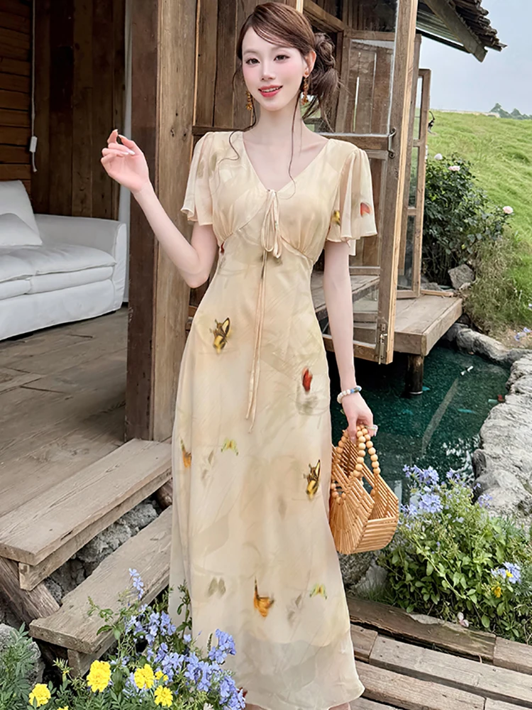 الصيف بوهو الشيفون طباعة Burfferfly فستان طويل غير رسمي المرأة شيك القوس الخامس الرقبة فستان مناسبات 2025 الكورية أنيقة Bodycon Vestidos