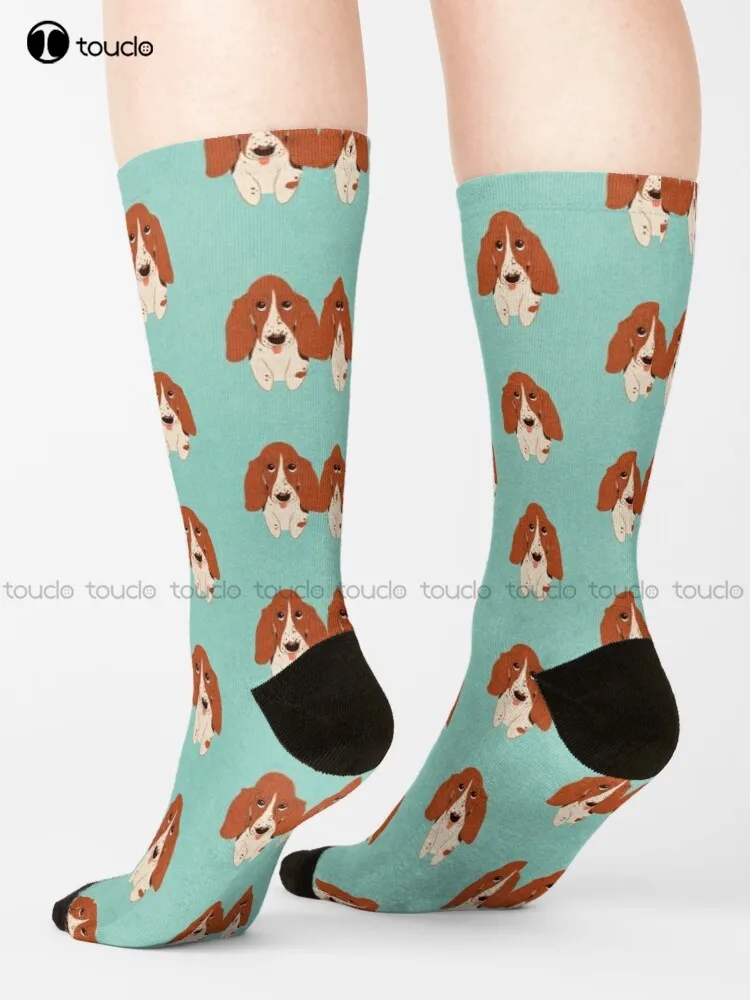 Basset Hound Dog Socks Black Long Socks Cartoon Comfortable Best Girls Sports Street Skateboard Socks 360° Digital Print Retro