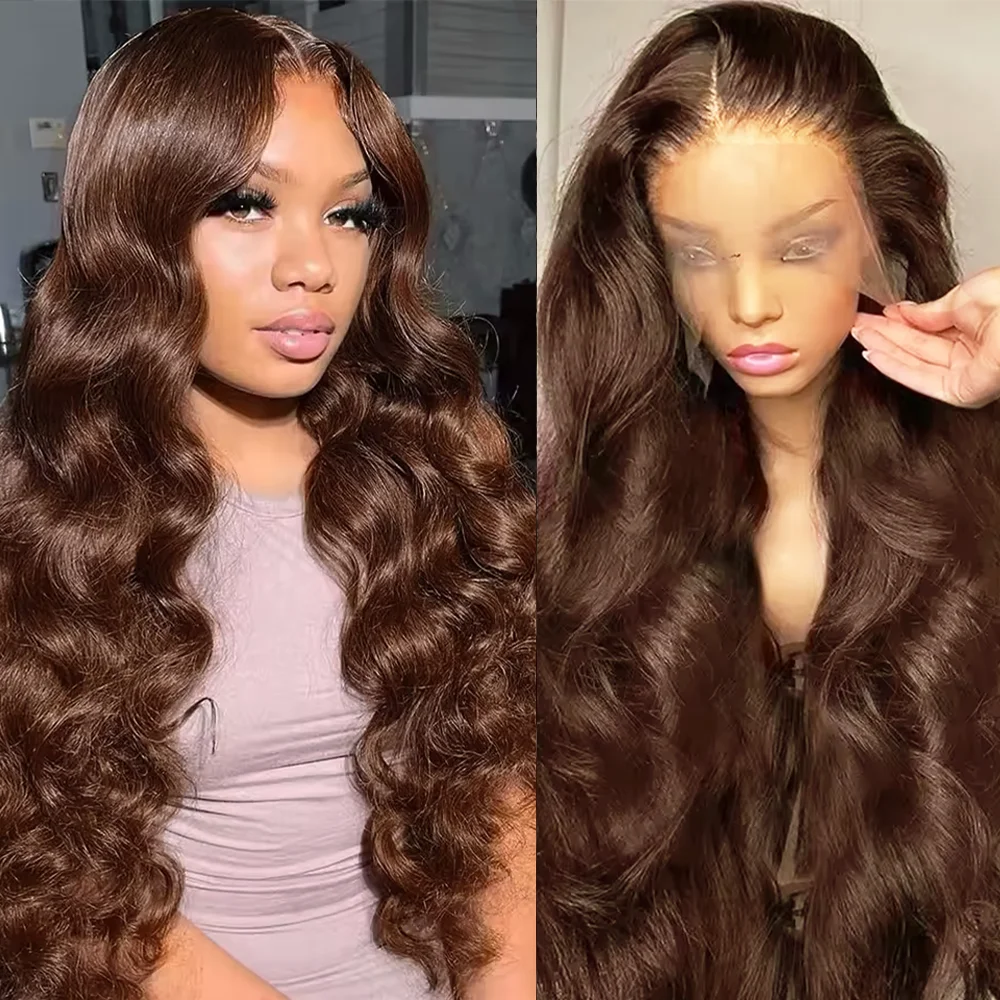 13x4 schokoladenbraune Lace-Front-Perücken aus Echthaar für Frauen 4 #   13x6 HD Body Wave Lace Frontal Perücke 46 Zoll Closure Echthaar-Perücken