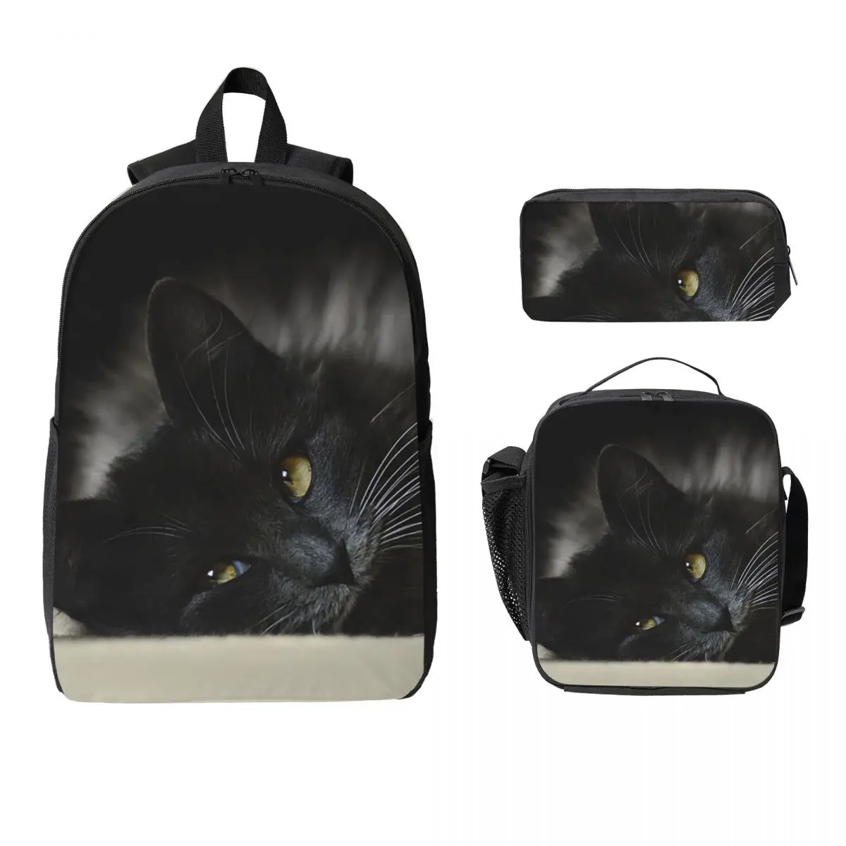 Black Cat In Dark Realistic Backpack Boys Girls BookBag School Bag Laptop Shoulder Bags 3ps Insulated Lunch Bag Pencil Case