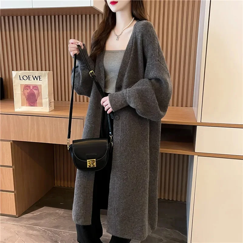 

Large Size Chubby 200 Pounds Long Over Knee Loose Knit Cardigan For Women 2024 new Autumn Solid Color Sweater Jacket