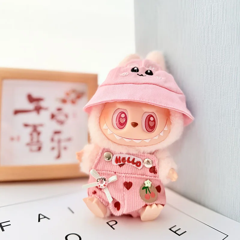 Portachiavi di prima e seconda generazione Accessori di abbigliamento Labubu Vestiti per bambole Labubu Tuta in denim ciliegia