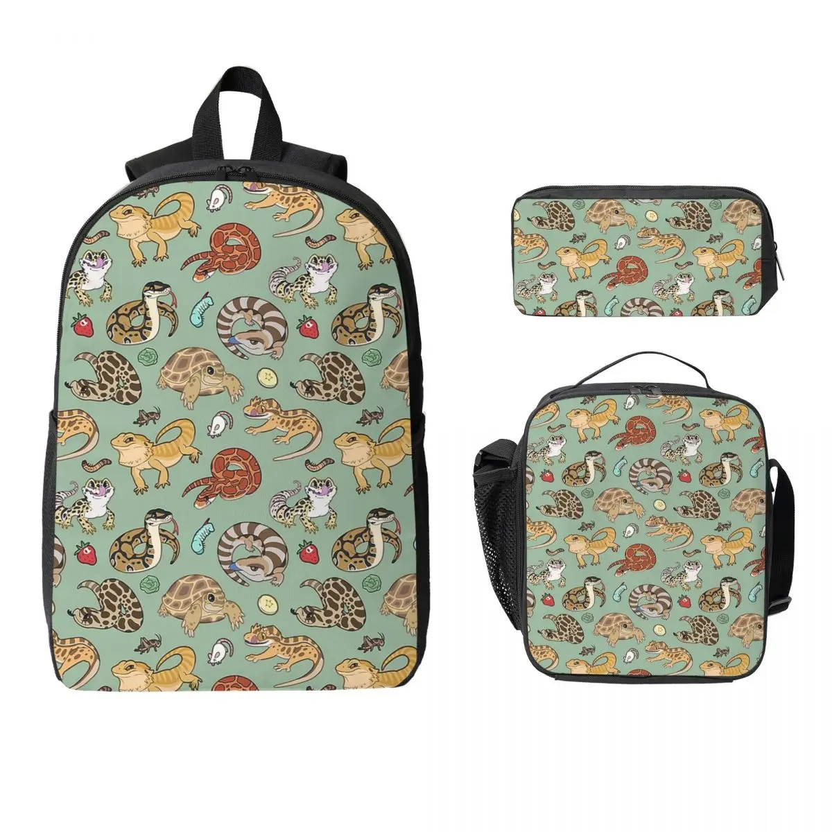

Reptile Pets Pattern - Green Backpack Student BookBag School Bag Computer Shoulder Bags 3ps Insulated Lunch Bag Pencil Case