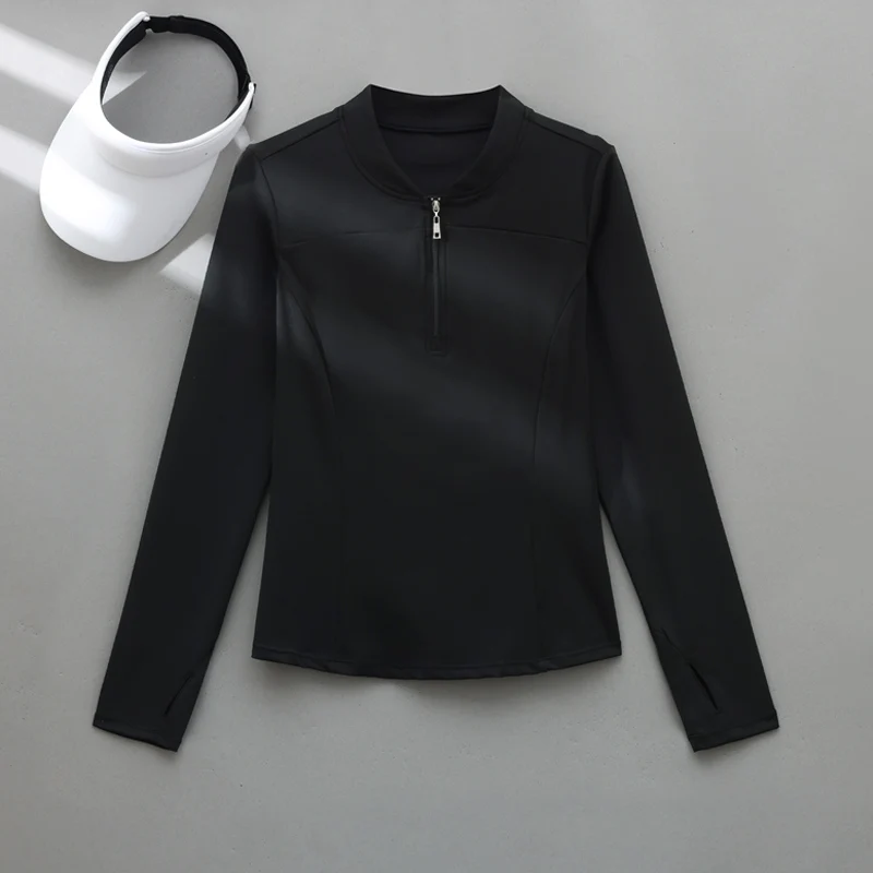 PHIGEER Women's Half Zip Long Sleeve Yoga Top V-Neck Slim Fit Workout Shirt Thumb Hole Athletic Tee Yoga Running Gym Sport Tops