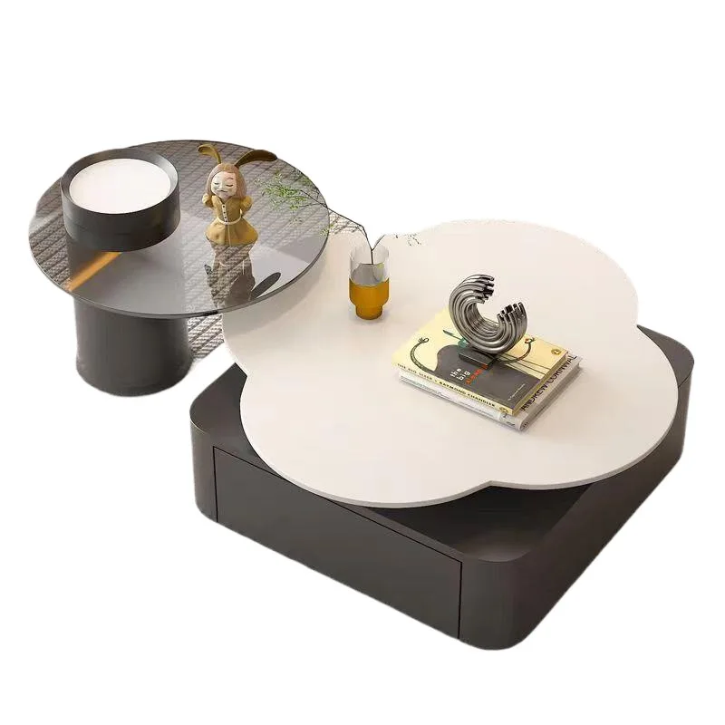 Light luxury pure white four-leaf clover rotating rock slab coffee table Italian living room household small