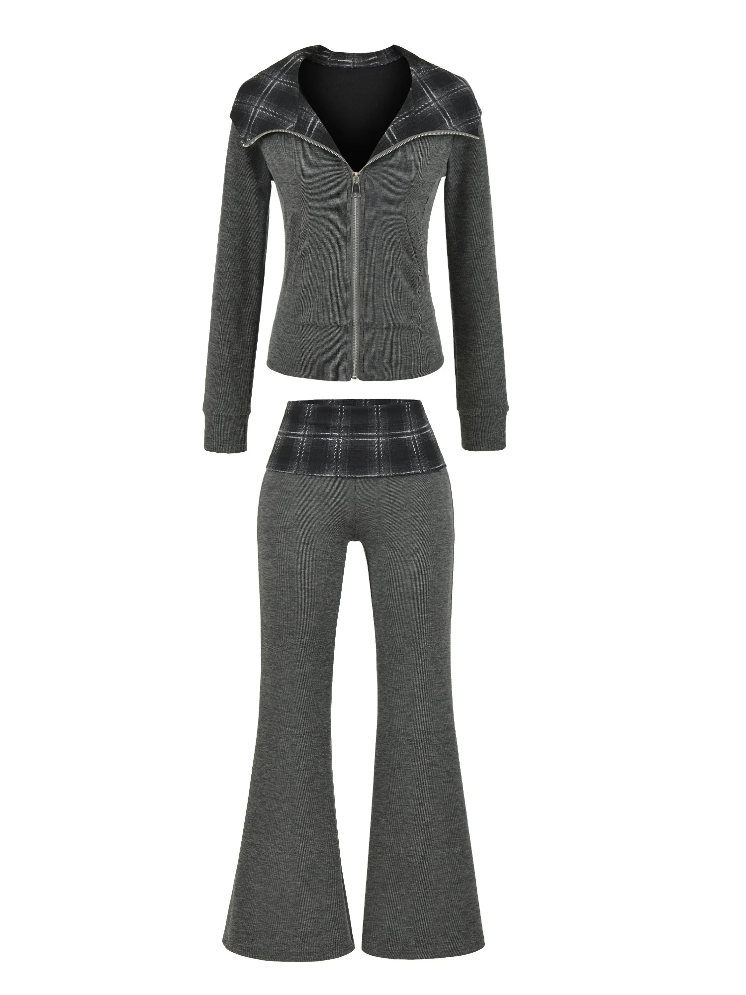 

American Style High Waist Bell Bottoms Two Piece Set with Hooded Fleece Plaid Patchwork Sweatshirts And Pants for Women