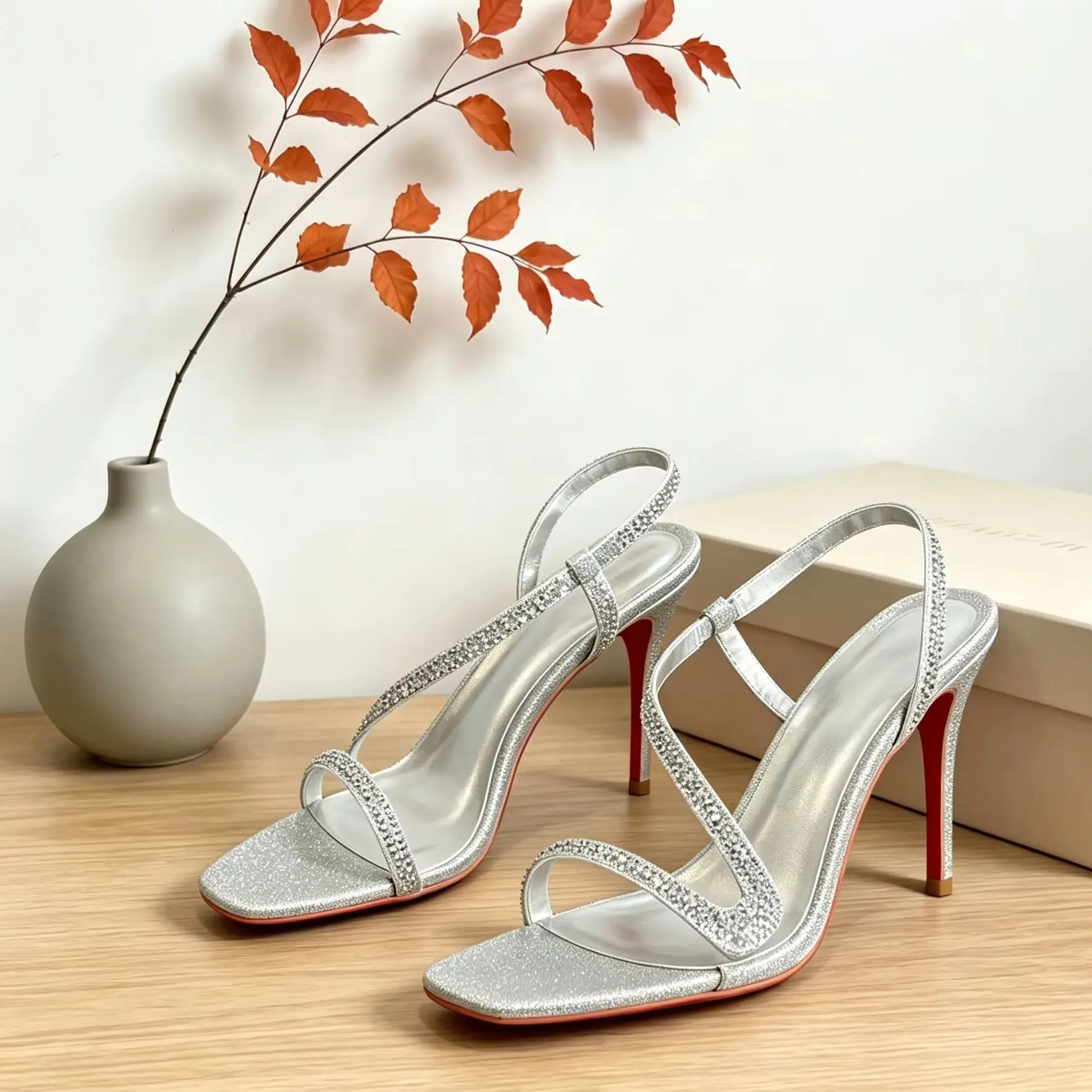 Women's Silver Glitter Leather Square Stiletto Heels Pumps Crystal Slingback Luxury Wedding Banquet Sandals Parties Ladies Shoes