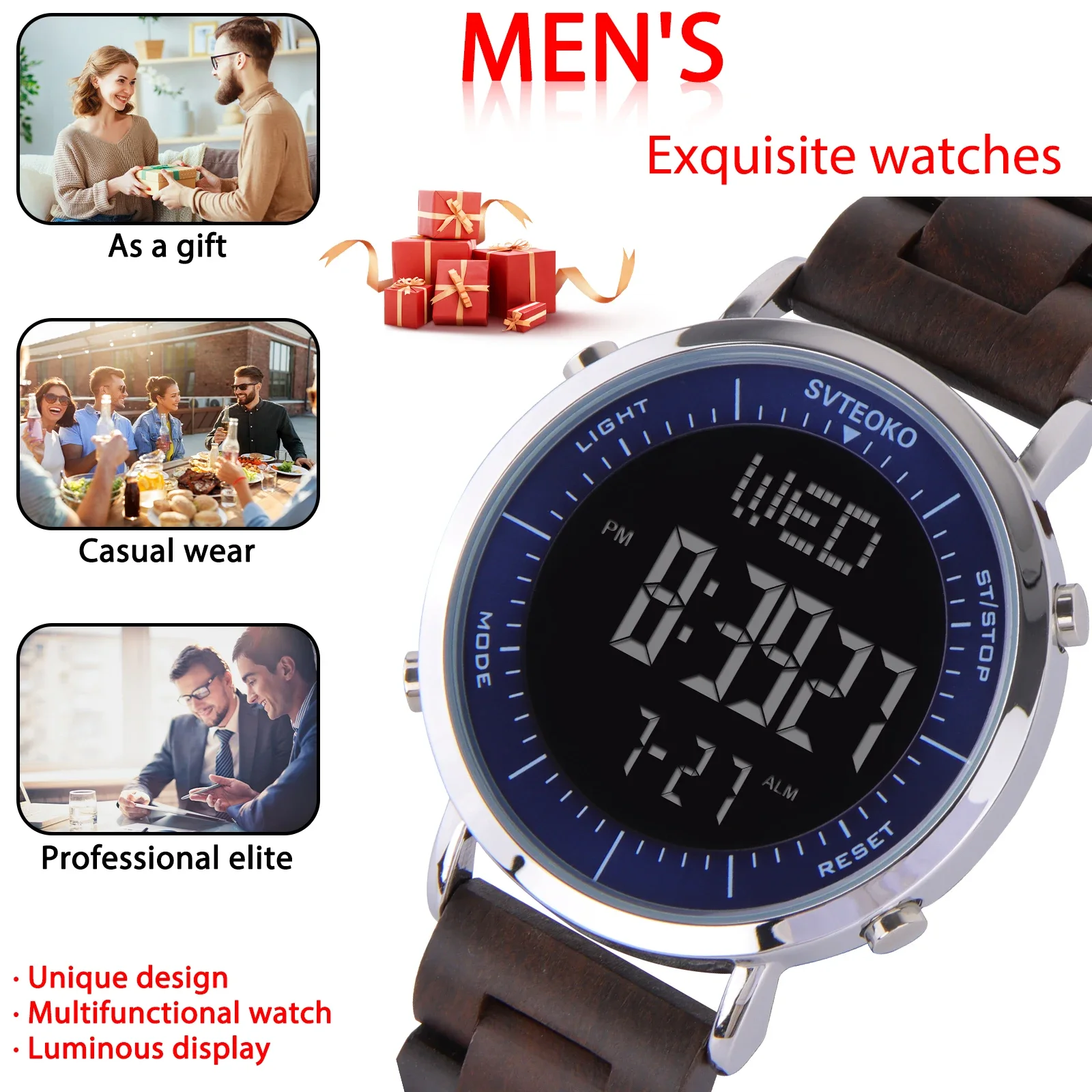 KityKiss new ultra-thin high-definition electronic wooden watch for men and women, fashionable universal couple watch gift