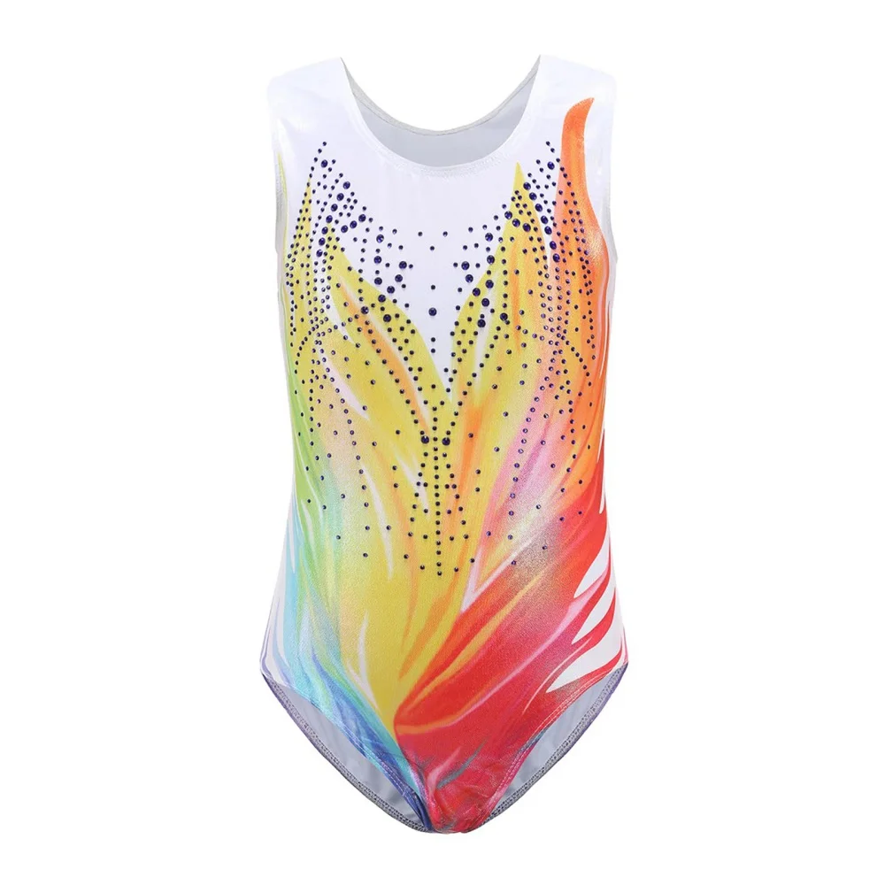 Girls Gymnastics Leotards Rainbow Color Bronzing Sleeveless Dancewear  Athletic Ballet Dance Bodysuit For Kids 5-14 Years