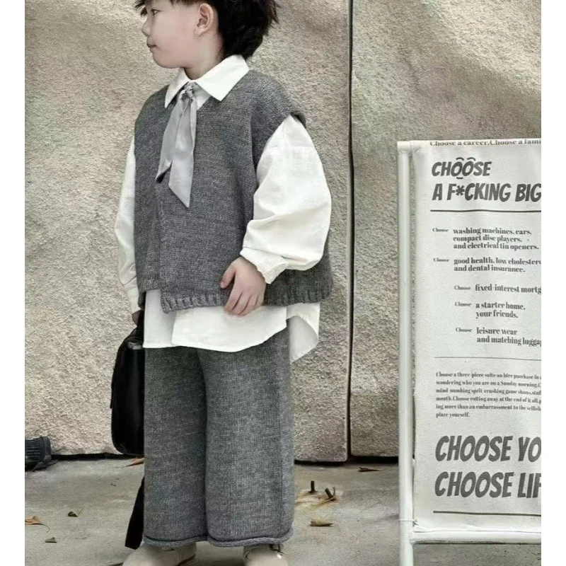 Autumn Winter Childent Thick Warm Boys Handsome Knit Pullover Knit Vest Sweater Tie+ Shirt + Loose Pant 3Pcs Cotton Casual Suits