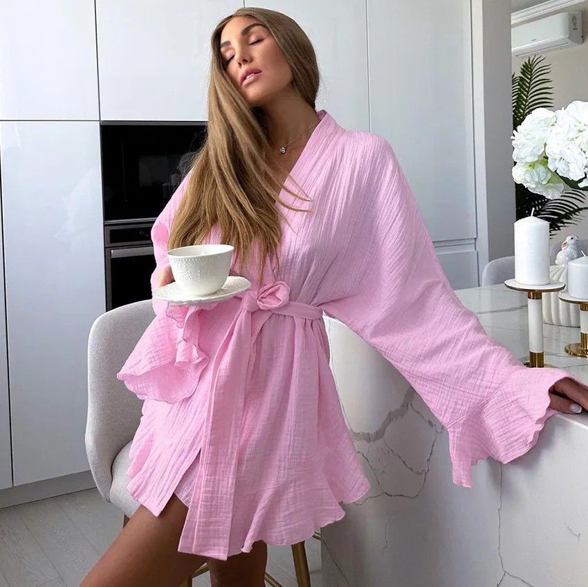 Pattern Pure Cotton Crape Loungewear Set Women Casual Lazy Style Vacation Pure Desire Tea Break Outfit Long Sleeve Blouse Elast
