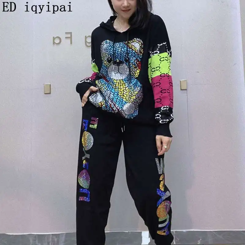 ED iqyipai Patchwork Diamonds Sweater Set With Long Pants Women Autumn Tracksuit Casual Knitting Hooded Tops And Jogger\'s Trouse