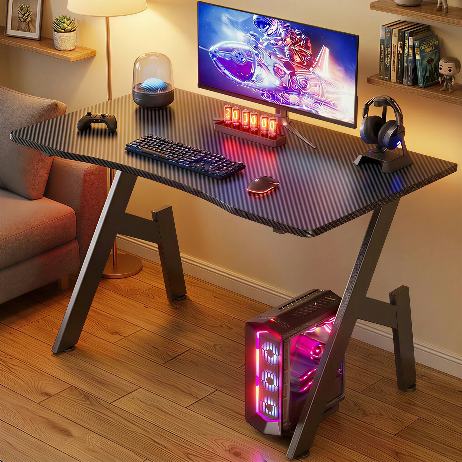 80/100/120/140cm Gaming Desk, A-Shaped Office Desk with Cup Holder Headphone, Modern Carbon Fiber Mesa Gamer for Home Office