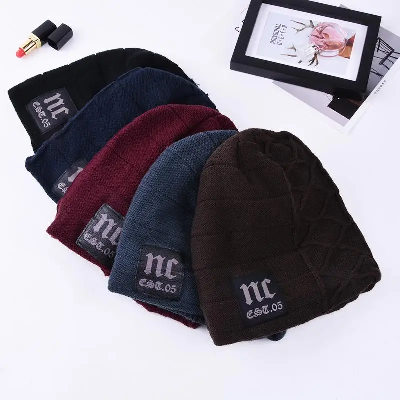 New Unisex Warm Winter Hat Fashion NC Letter Label Knitted Hats For Men & Women Add Fur Lined Thick Ski Beanie Cap