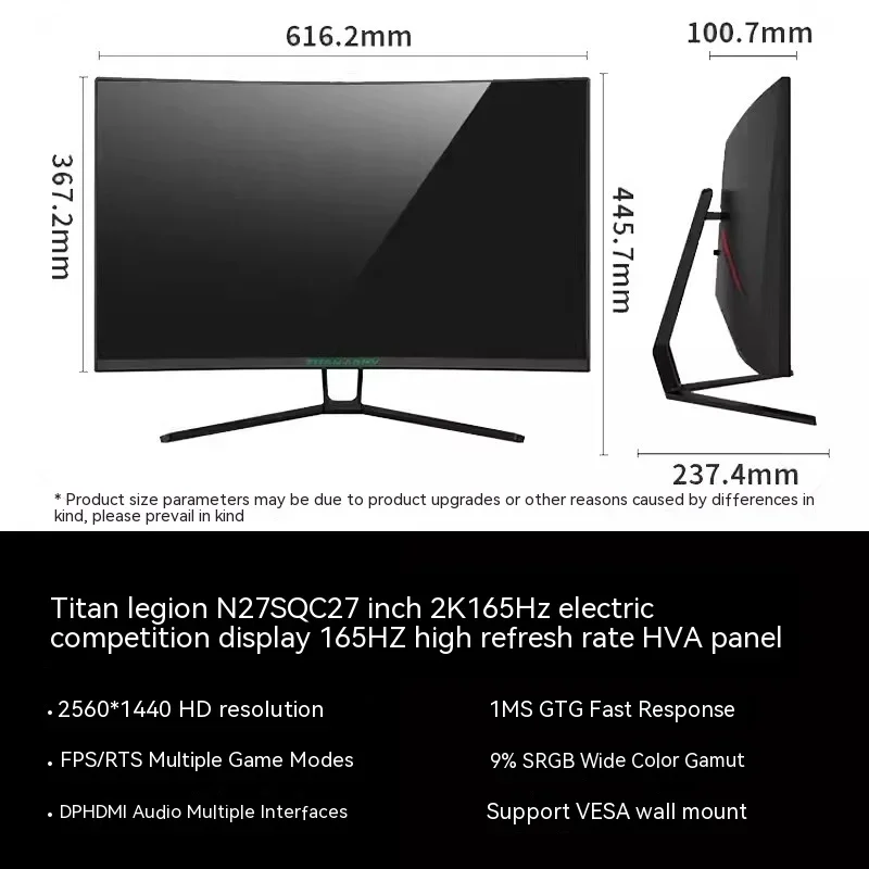 TITAN ARMY-Monitor de 27 pulgadas para Gaming, pantalla LED para PC, 2K, 144HZ, 1500R, 16:9 VA, para oficina