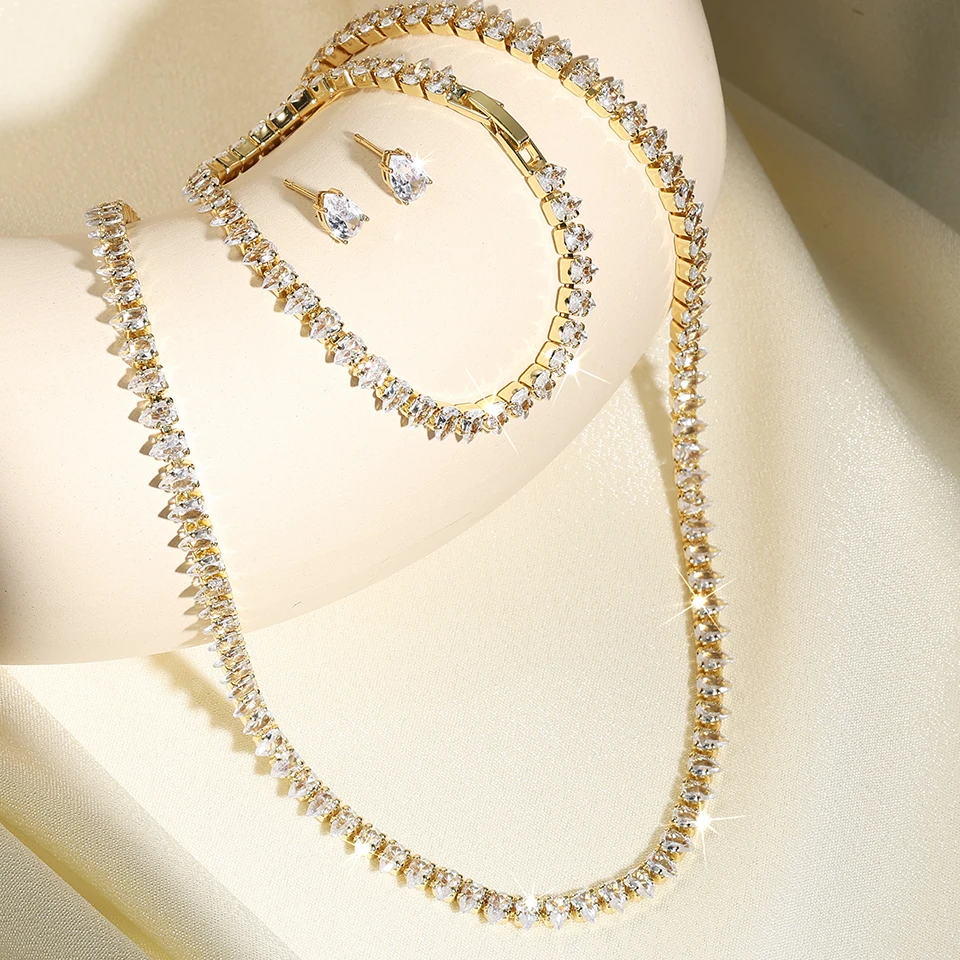 ZAKOL Minimalist Cubic Zirconia Water Drop Necklace Earrings Bracelet Set For Women Luxury Stylish Bridal Wedding Party Jewelry