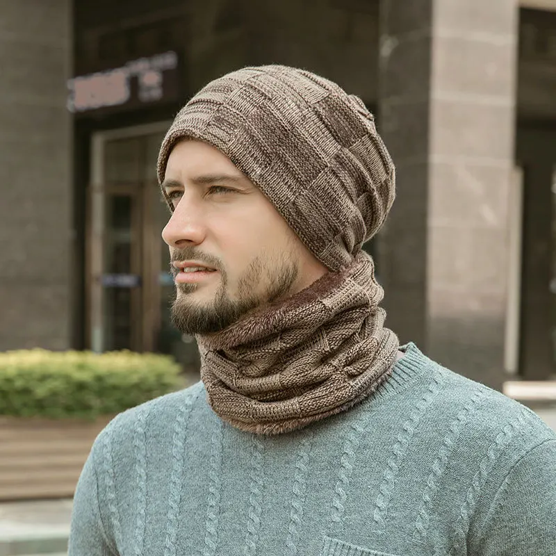 Conjunto de bufanda de lana para hombre, gorro de lana con forro polar, polaina de cuello de punto, diseño a cuadros de Color sólido, invierno,