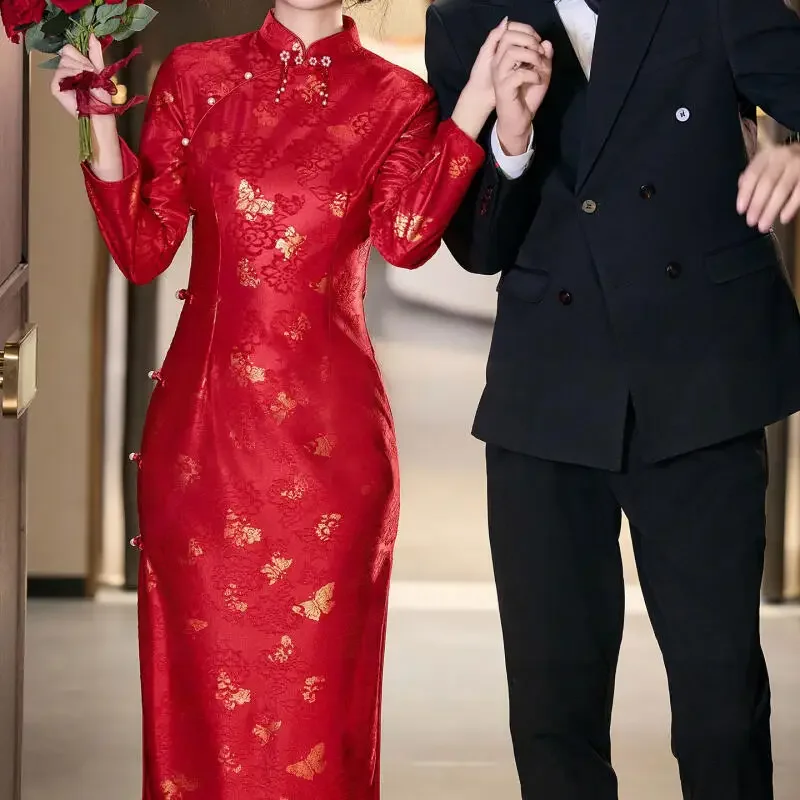 

Bride Wedding Burgundy Qipao Dress Long Sleeve Improved Dress Women Sexy Lace Butterfly Chesongam Chinese Banquet Vestidos