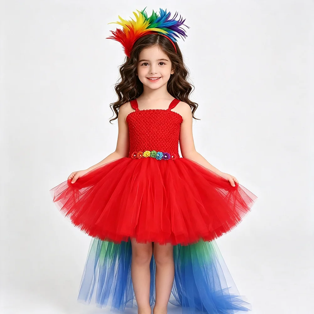 Rainbow Macaw Parrot Costumes for Girls High Low Tropical Jungle Animal Fancy Dress with Long Layered Train & Feather Headband