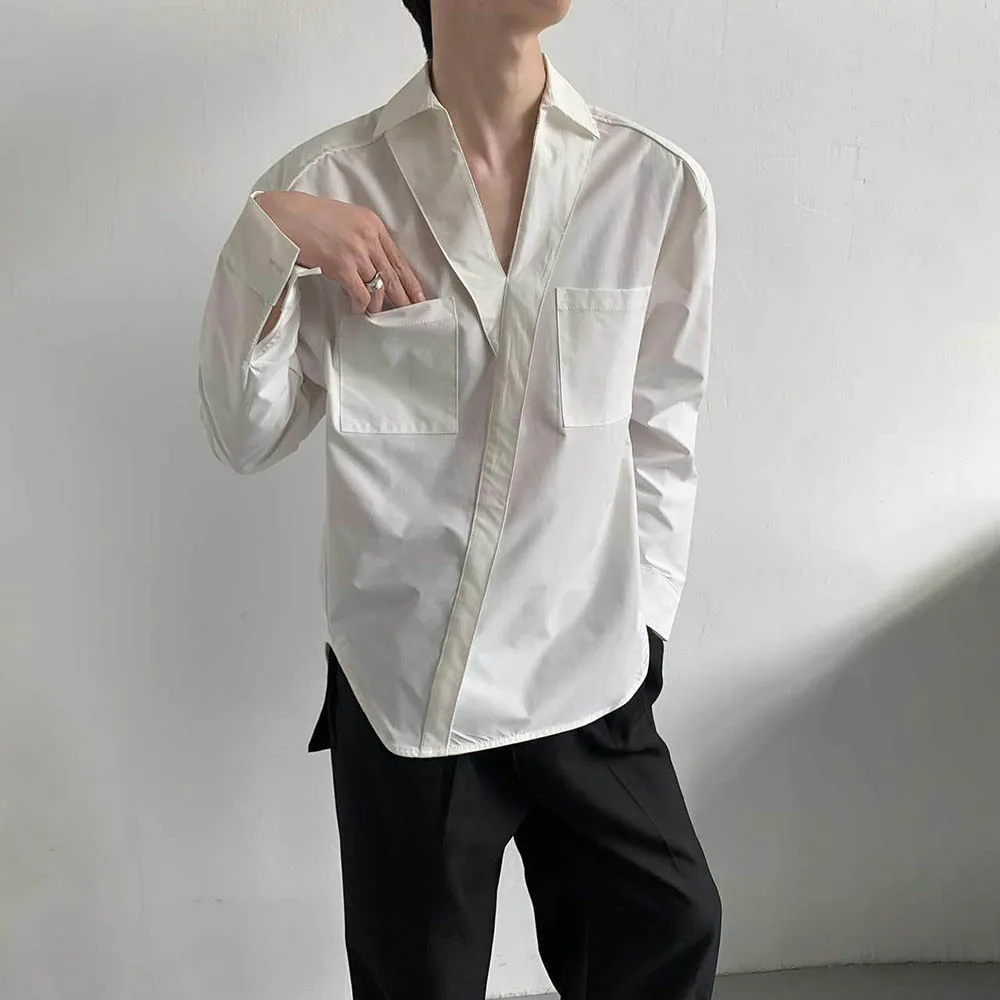 

Осенняя новая мужская однотонная рубашка с длинными рукавами, корейская модная тенденция в стиле ретро, свободные повседневные простые нишевые мужские топы на High Street, 2025 г.