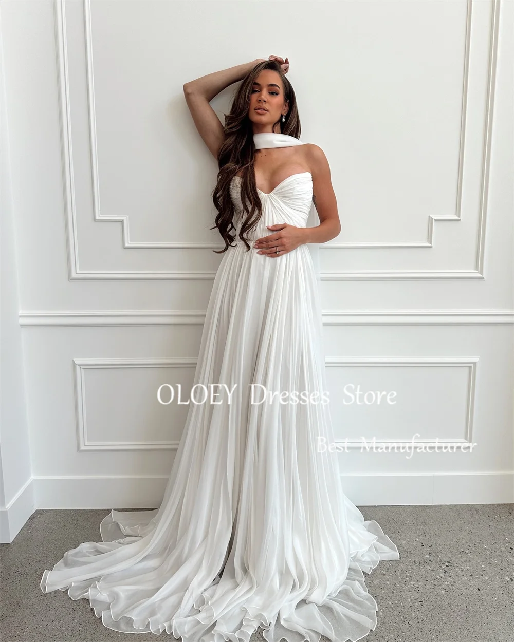 OLOEY Elegant Ivory Long Wedding Dress With Scarf Korea Photoshoot Sleeveless Bridal Gown V Neck Pleats Chiffon Custom Made