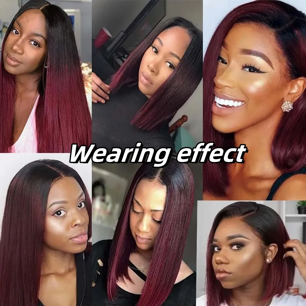 부르고뉴 옹 브르 1B/99J 스트레이트 인간의 머리카락 묶음 (클로저 3 PCS 번들 100% 인간의 머리카락 직조 투명 4X4 레이스 클로저)