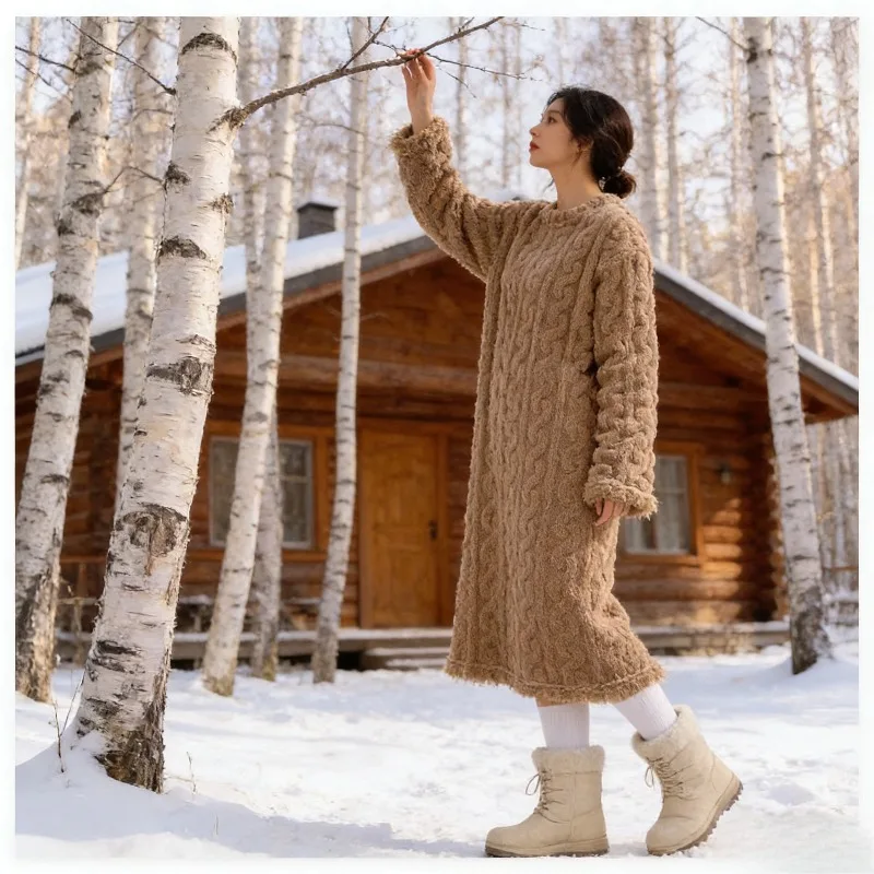 

Зимняя теплая ночная рубашка из кораллового флиса для женщин, длинный свободный халат с карманами, уютная домашняя одежда, плед для прогулок