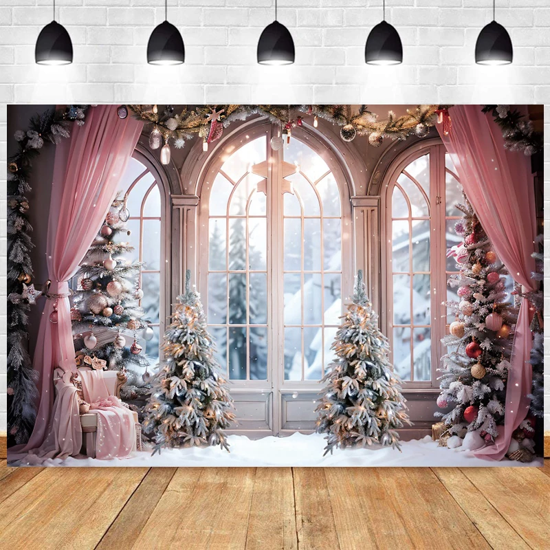 Pink Christmas Backdrop 2023 Xmas Window Decoration Banner 2024 Interior Decoration Window Photo Wall Background for Photography