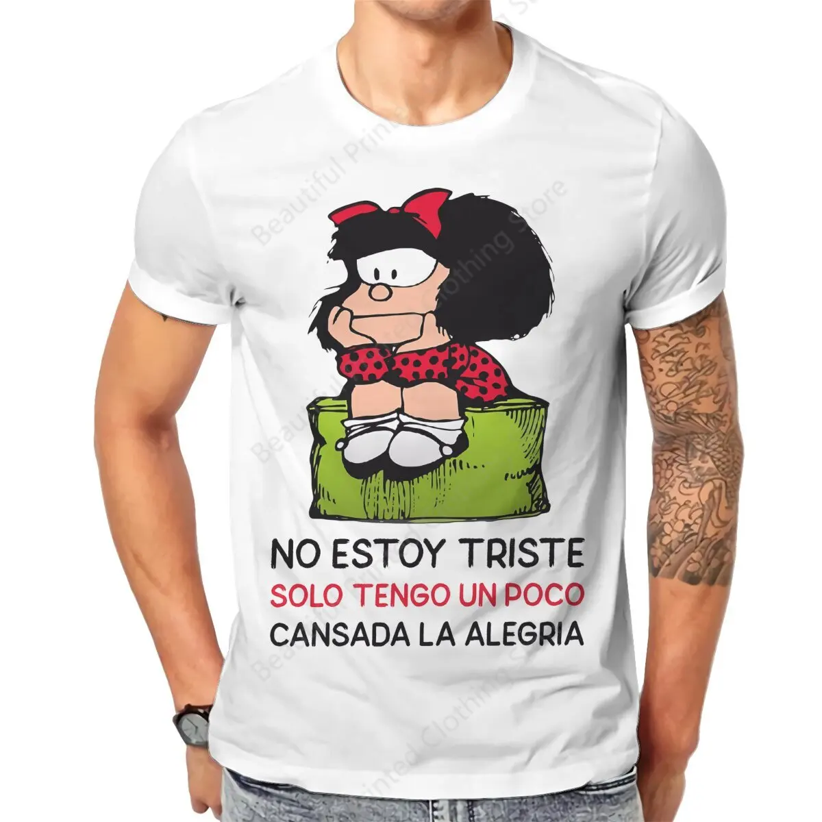 Mafalda Quino Comics Mens T-Shirt Funny Printing T-ShirtsO-Neck Breathable Tee Cotton Fun Tees