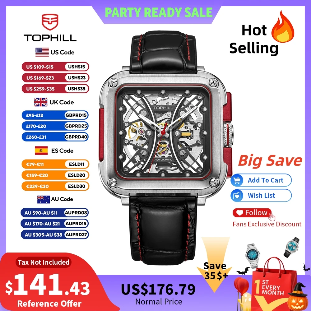 TOPHILL Skeleton Man Watch Automatic Mechanical 42mm 28D0 Hollow Dial Design Sapphire Super Luminous Urban Sports TUT002G