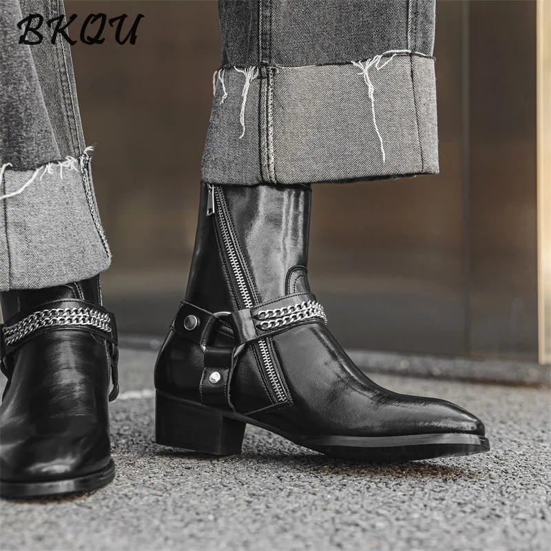 BKQU European Buckle Chelsea Boots for Men, 2025 Autumn Double-layer Leather Pointed Toe High-top Business Boots, Trendy Zipper - Image 4