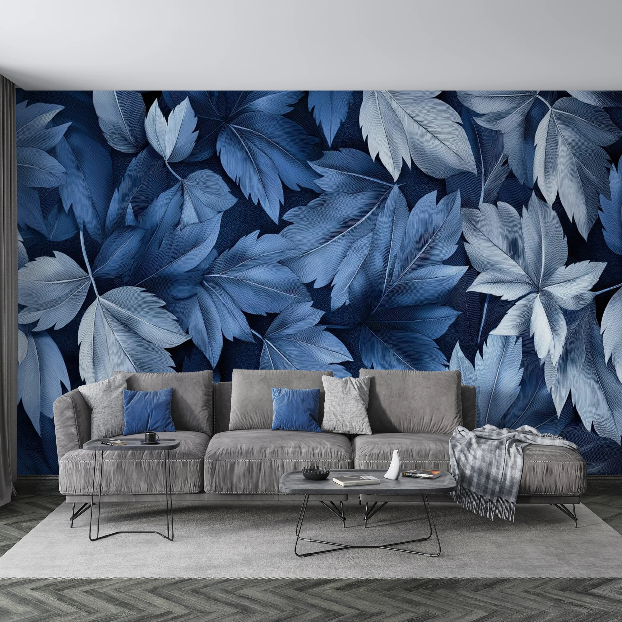 Custom Mural Wallpaper Dark Blue Maple Leaf Wall Mural, Vintage Botanical Foliage Wallpaper for Living Room Bedroom Decor