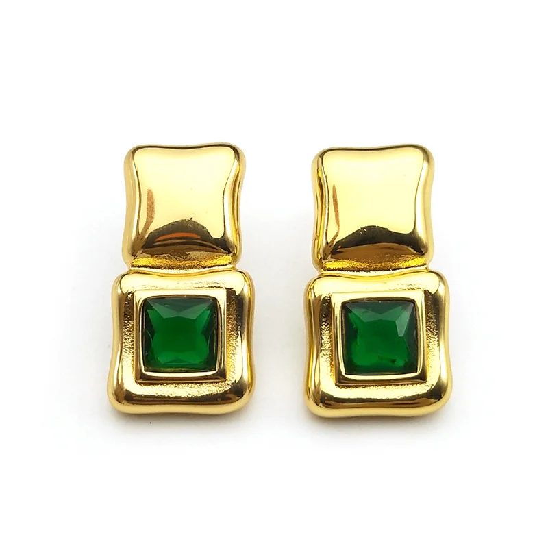 Charm Green Glass Square Earrings for Women Girls Stainless Steel Gold Color Party Female Ear Studs Jewelry Gifts  ZZZ1086