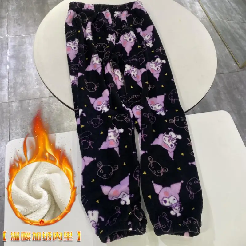 Hello Kitty Kuromi Flannel Pajama Pants Anime Cartoon Sanrio Home Pants Student Casual Long Pants Velvet Thickened Warm Pants