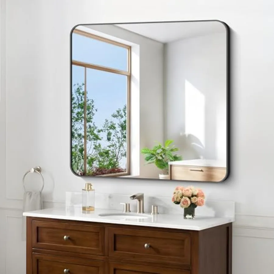 

Black bathroom mirrors for wall use, metal frame, black color, rounded corners and versatile horizontal or vertical mounting