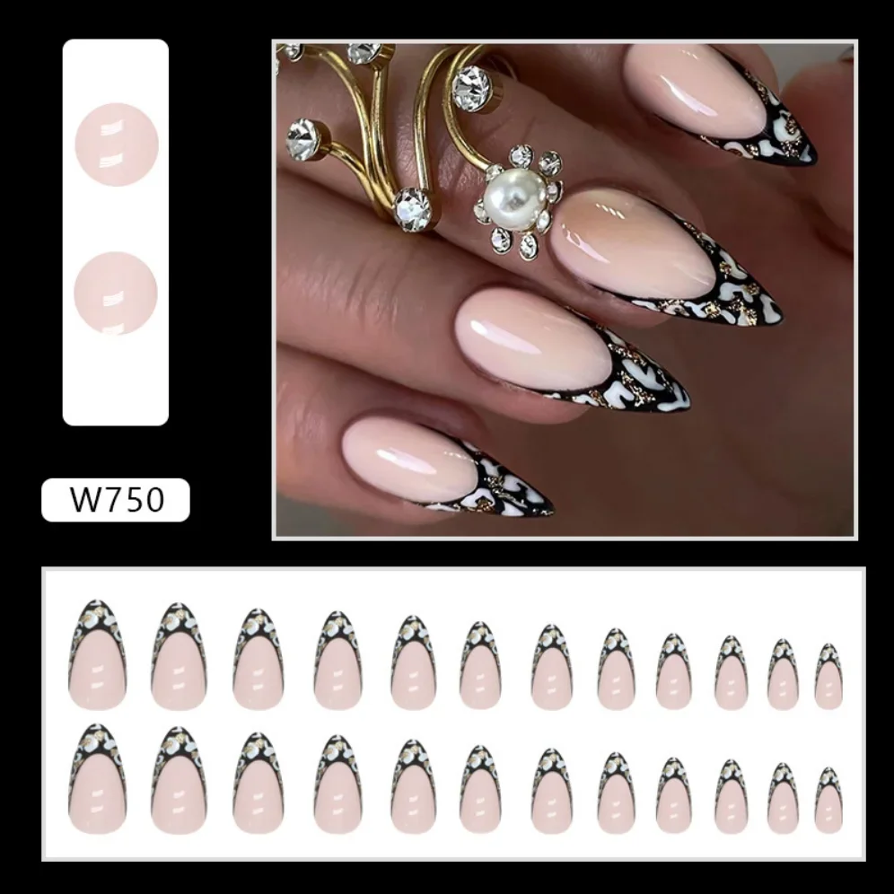 24Pcs Black Leopard Almond Fake Nails Press On Wearable French False Nails Art Artificial Full Coverage Stick-on Nail Finished