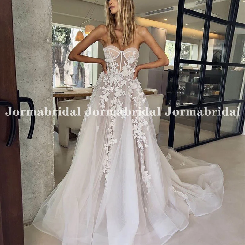 Bohemian A-line Wedding Dresses Sweetheart Neckline Exposed Boning Floral Appliques Garden Bridal Gowns Open Back suknia ślubna