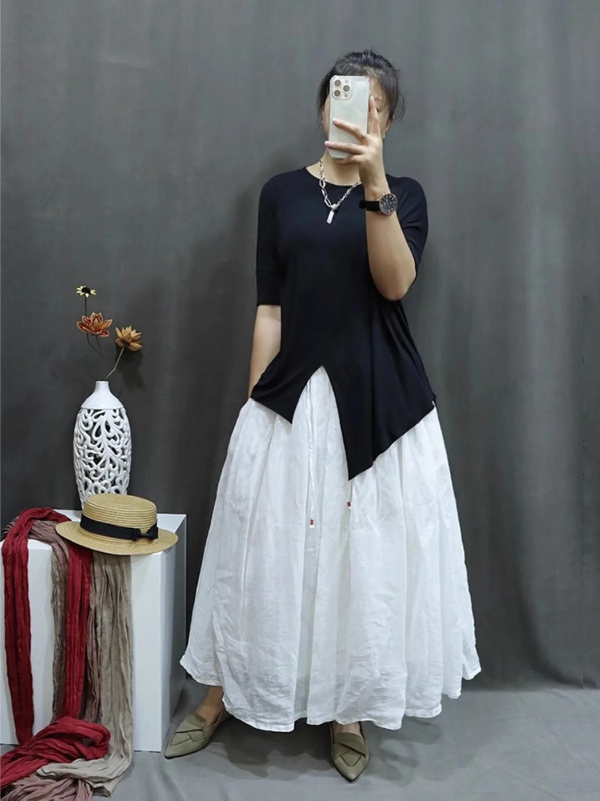 

Vintage Casual Pure Color Women's Midi Skirt A-Line High Waist Wide Leg Hemp Double Layer Maxi Swing Skirt No Tag