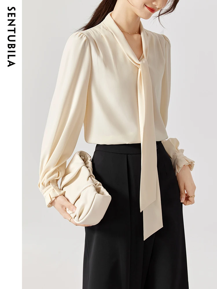 SENTUBILA Elegant Bow Neck Shirts & Blouses Women 2024 Office Lady Fashion Frenchy Long Sleeve Tops Woman Clothing 131V47412