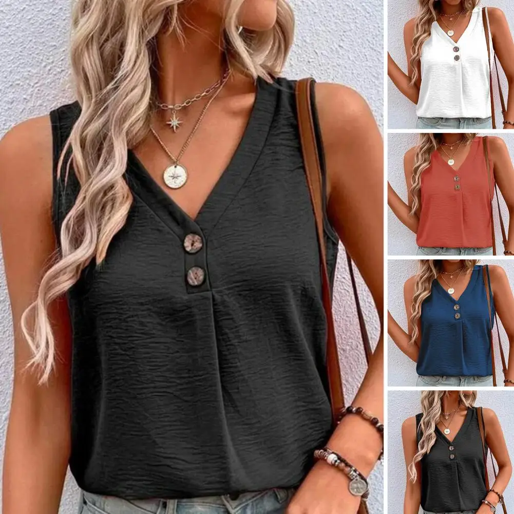 Summer Top Stylish V-neck Tank Tops for Women Ice Silk Wrinkle Vest Shirts with Button Decor Loose Comfortable Summer Blouses