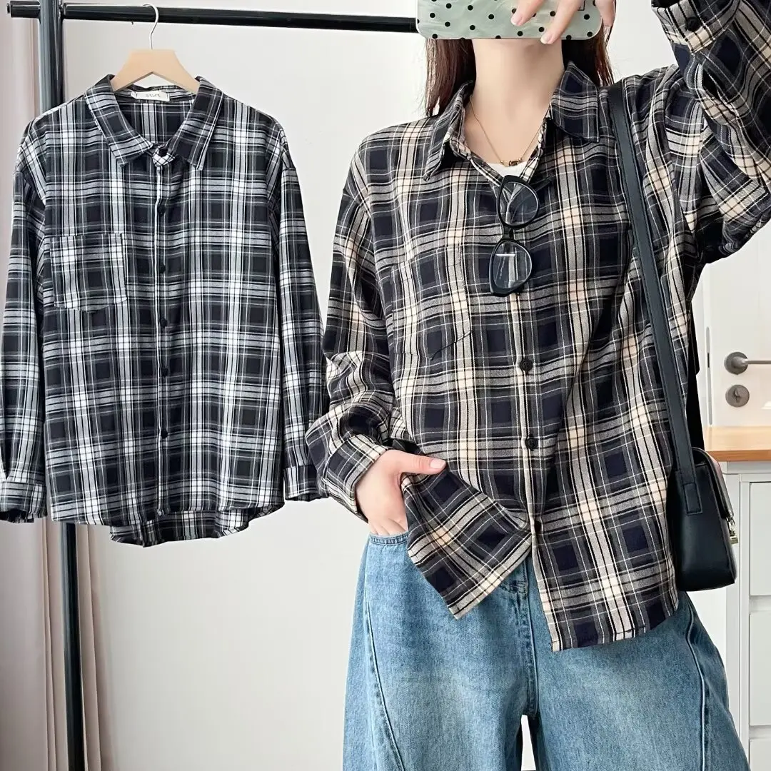 XXXXL موضة حجم كبير قميص نسائي 2025 الخريف نمط جديد بسيط ريترو كلاسيكي نحى البلوزات منقوشة 770